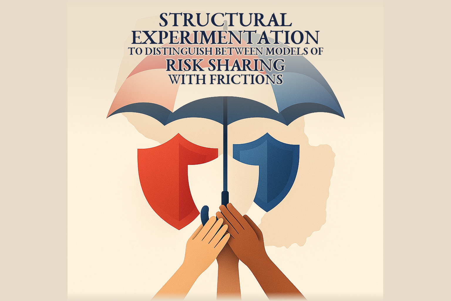Hands holding umbrella and shields representing risk sharing