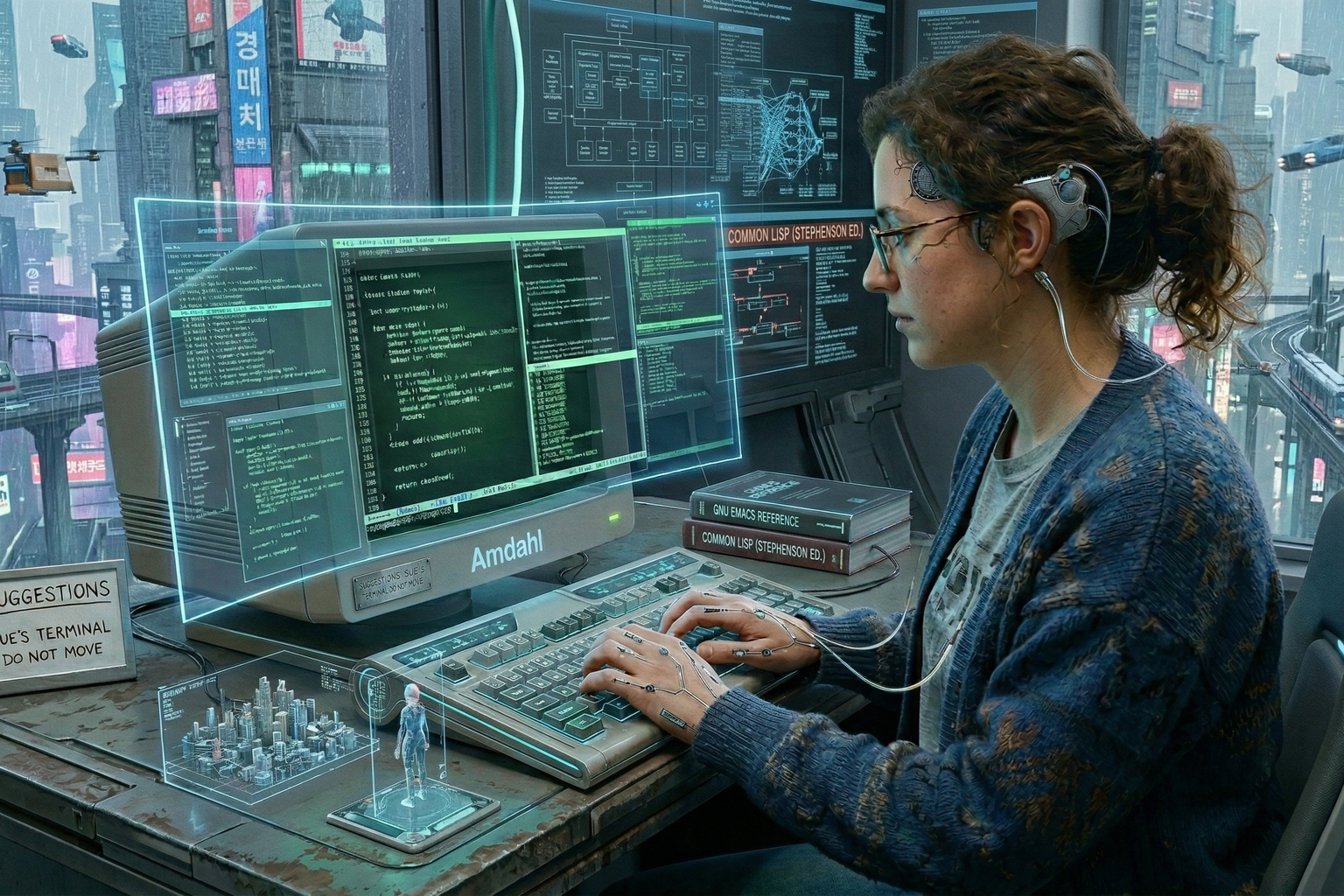Sue Coder at her cyberpunk terminal